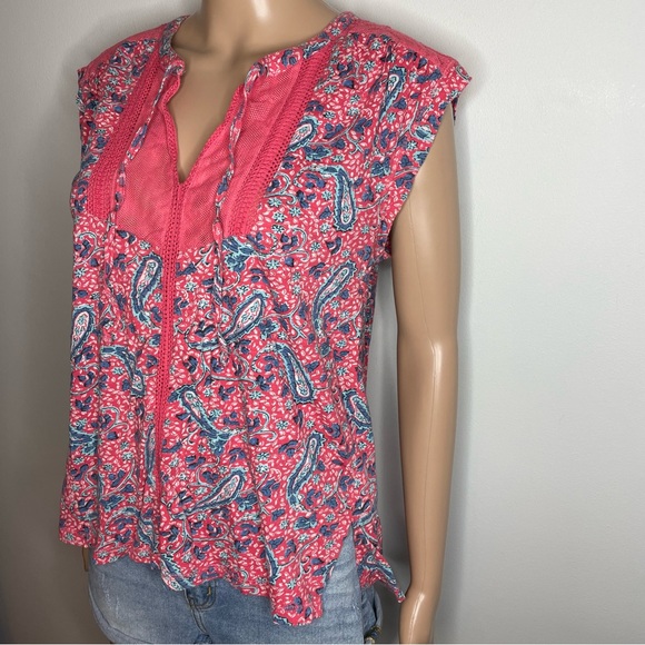 Lucky Brand Pink Blue Floral V-Neck Lace Detail Short Sleeve Paisley Blouse Top - Picture 3 of 8